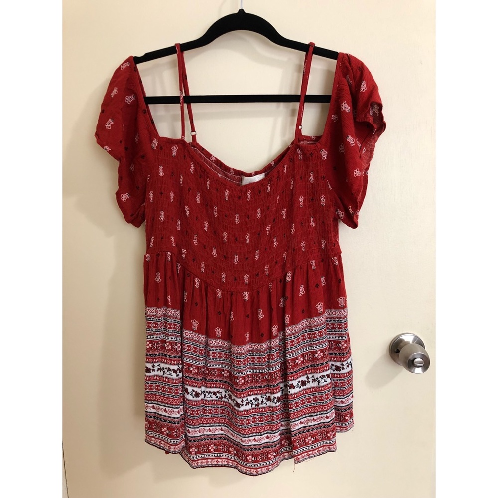 Forever 21+ Cold Shoulder Red and White Top